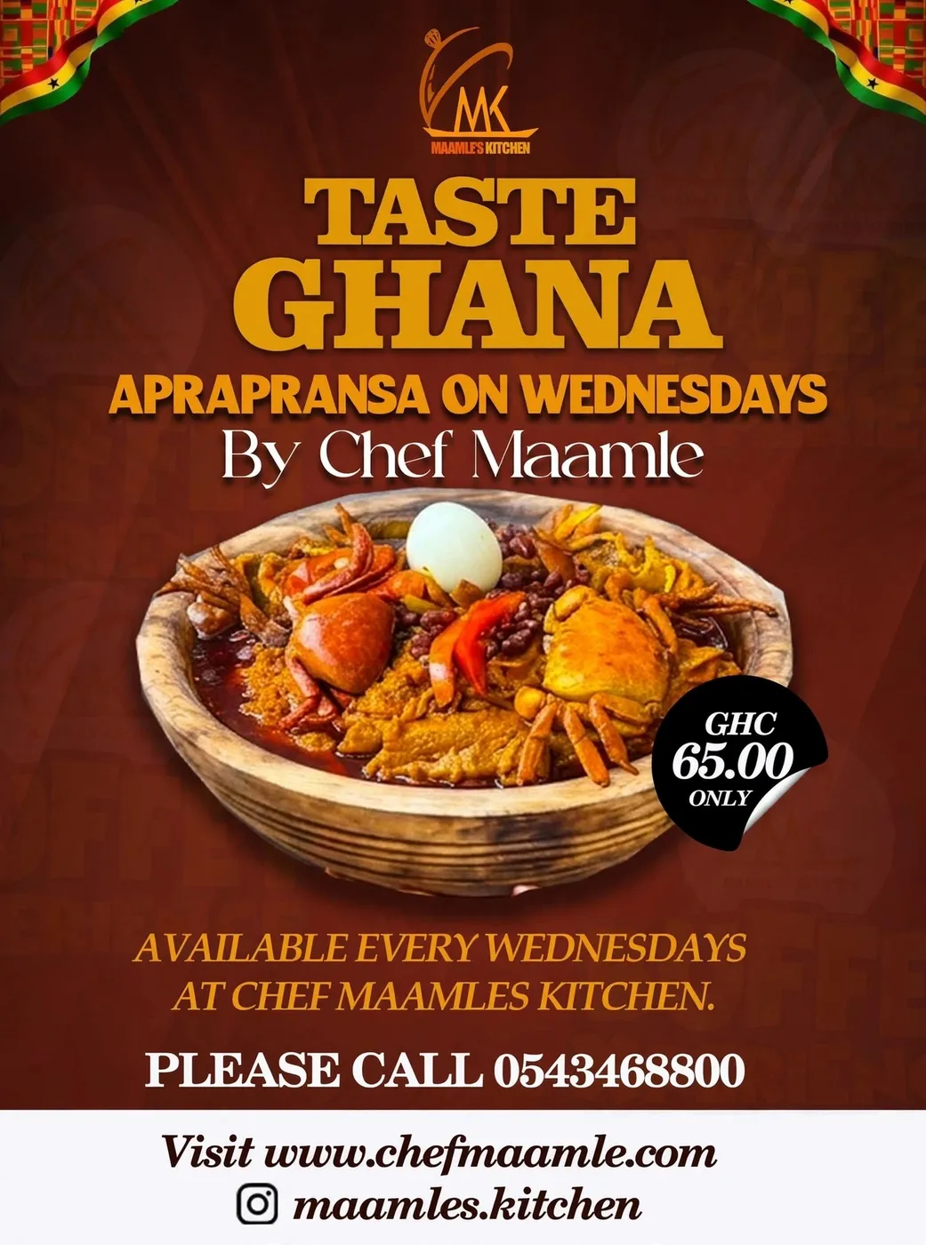Taste Ghana flyer: Aprapransa on Wednesdays at Maamle's Kitchen, GH₵ 65 a plate