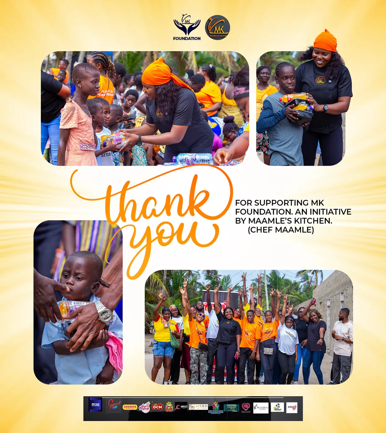 A thank-you poster for supporters of the MK Foundation, an initiative by Maamle's Kitchen