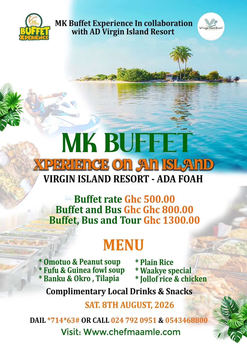 MK Buffet Xperience on an Island flyer: Virgin Island Resort, Ada Foah, Saturday, 8 August 2026, buffet from GH₵ 500